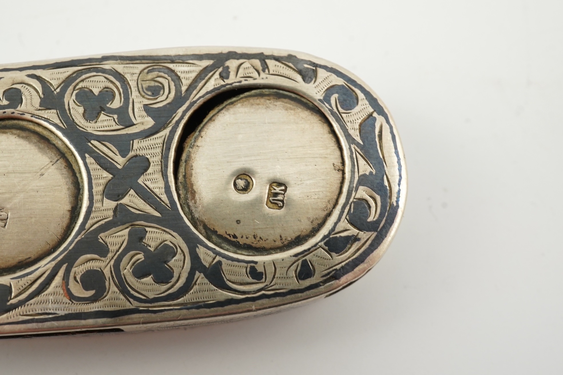 A 19th century Russian silver and niello coin case